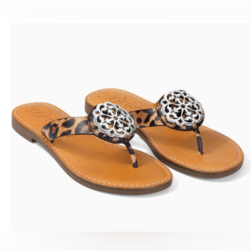 Brighton Womens Alice Sandals Cheetah Print Leather Thong Silver Accents Sz 6